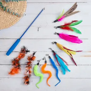 11-Pcs Interactive Cat Wand Toy Set - Retractable Fishing Rod Teaser with Interchangeable Feather & Worm Refills with Bells for Indoor Cats Exercise