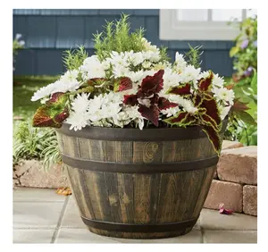 Whiskey Barrel Brown Resin Planter, 19.9in x 19.9in x 13in, Versatile Design for Indoor/Outdoor Use