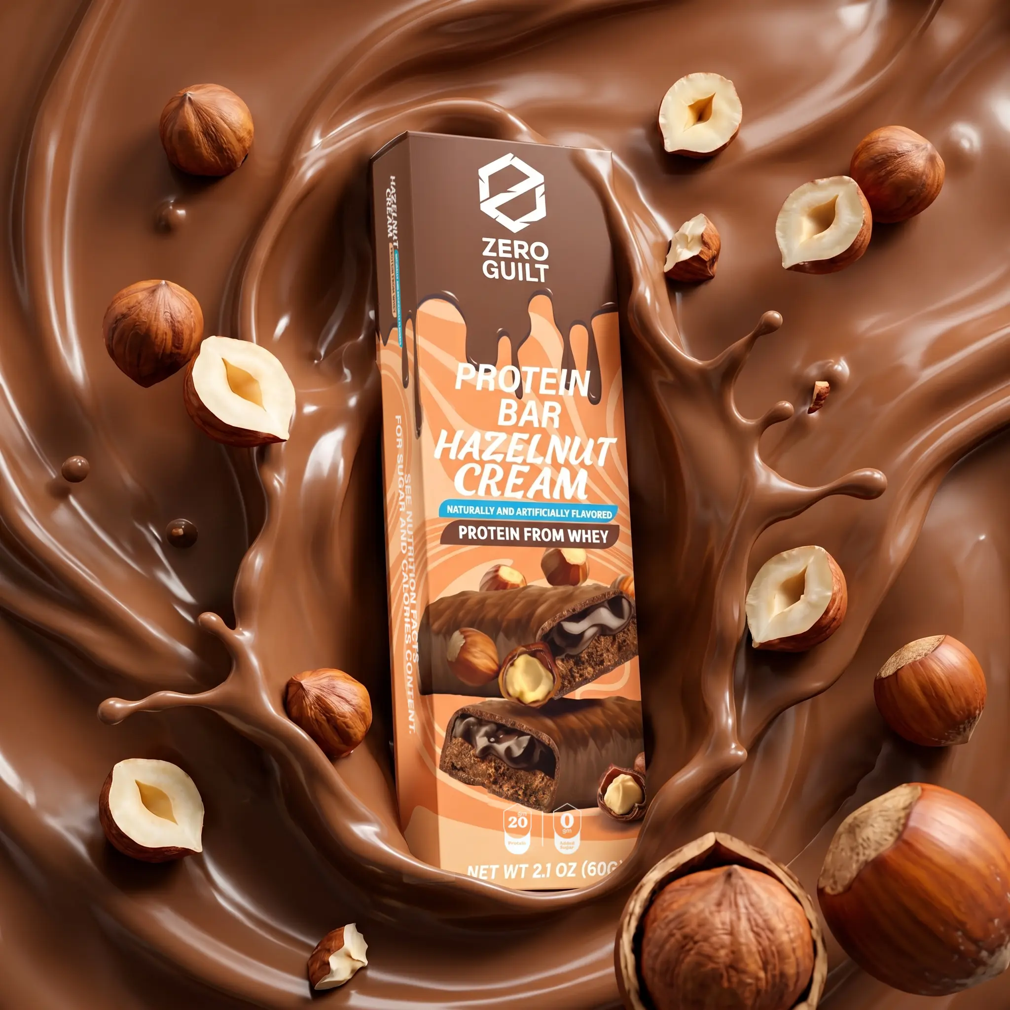 ZERO GUILT Hazelnut Cream 20G Protein Bar, ZERO Added Sugar, 60g Net Weight - 12 Pack