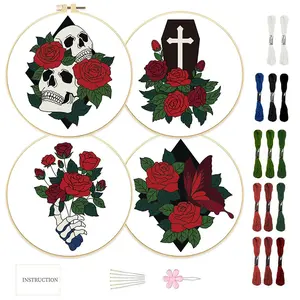 Skull & Flower Pattern Embroidery Kit, 4 Counts/set Diy Embroidery Kit with Random Color, Tools & Instructions, Embroidery Supplies for Beginners, Embroidery Design, Diy Kits, Embroidery Craft