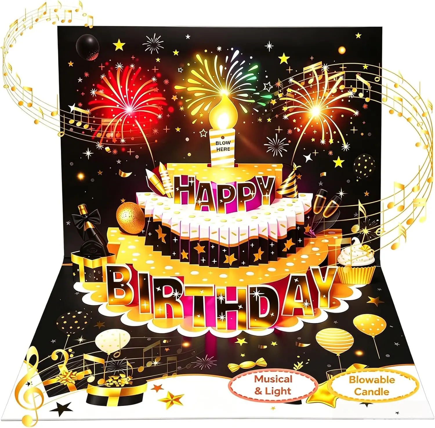 Birthday Card-Luxurious 3D Pop-Up Birthday Card with Music & LED,Blowable Candle: A Unique 3D Greeting Card for All Ages,It makes an ideal DIY gift for family and friends and is perfect for birthday parties for Mom, Daughter, or Best Friend