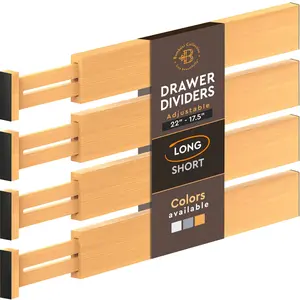 Adjustable Bamboo Drawer Dividers – 4-Pack | 17" - 22" Adjustable Spring-Loaded Dividers with Non-Slip Grips & Foam Edges for Kitchen, Office & Home Drawers
