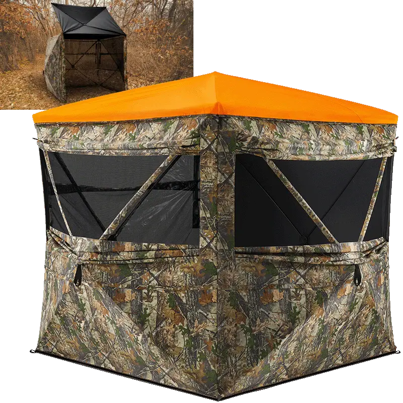 TIDEWE FlipGuard 270 Big Flipping Door RainProof See-Through Whitetail Hunting Blind 3-4 Person with Double-Layer HYDRO-SIGHT Composite Mesh and Reversible Orange-Camouflage Rain Cover