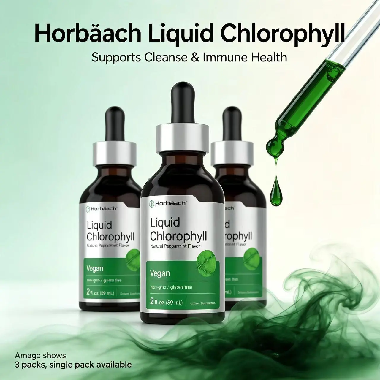 Horbäach Liquid Chlorophyll Drops - 2 oz - Vegan, Non-GMO, and Gluten Free Formula - Natural Peppermint Flavor
