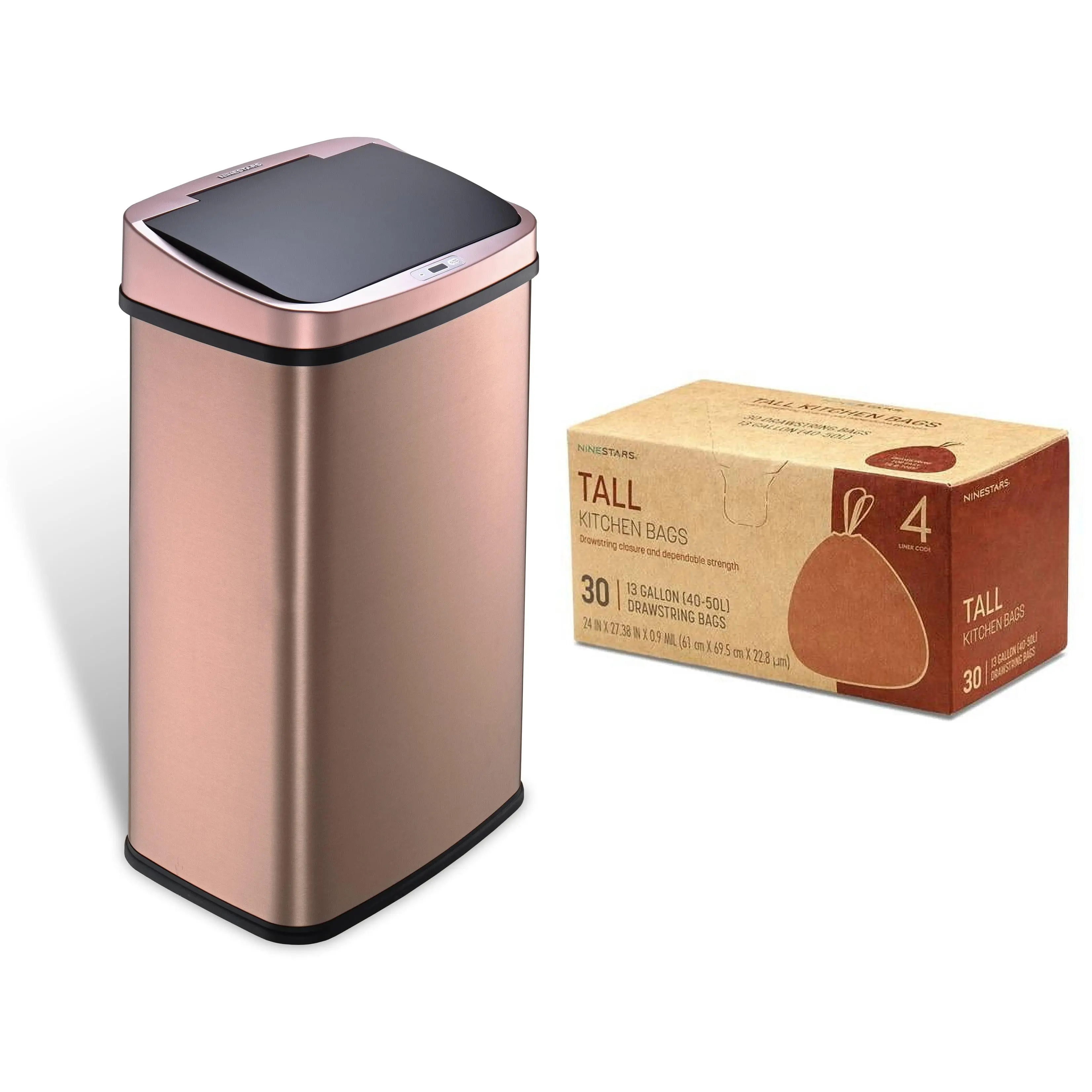 Nine Stars Motion Sensor Kitchen Trash Can + Trash Bags Gold Stainless Steel
