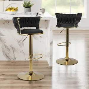 ATOMHOME Modern Swivel Woven Velvet Stools set of two, 360° Swivel Adjustable Height Bar Stool With Backs Golden Metal Tall Stools Counter Height For Kitchen