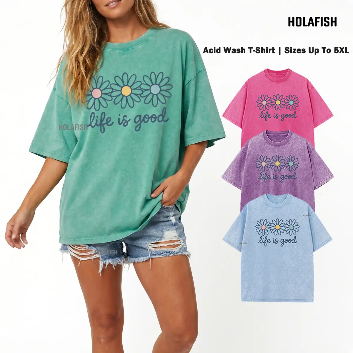 Holafish Women's Plus Size Cute Daisy Print Vintage Acid Wash Cotton T-Shirt - Loose Drop Shoulder Streetwear Top, Valentines Day Easter Casual Apparel, Vintage Graphic Tees
