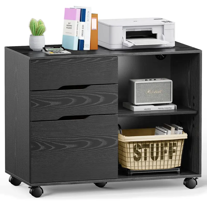 Sweetcrispy Wood 3-Drawer Lateral Rolling Filing Cabinet - 0.63in Thick Indoor Cupboard Organizer, Printer-Ready Top, Finger-Safe Handle, Open Shelves, Mobile Standing Desk Stand for Adults, Hardware Included, Assembly Required
