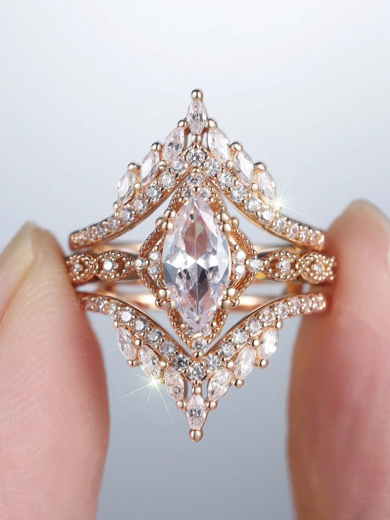 Exquisite Marquise Design Marquise Cut Ring Set Synthetic Zirconia Inlay Stackable Rings Stacking Rings for Women & Girls Delicate Jewelry Beautiful Rings Perfect for Bridal Ring Set Engagement Weddings, Daily Wear Anniversary Gift