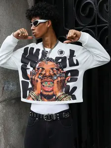 Men's Streetwear Graphic Print Long Sleeve Crop Sweatshirt, Casual Fitted Round Neck Pullover for Fall & Winter, Trendy Fashion Cropped, Vintage Street Wear