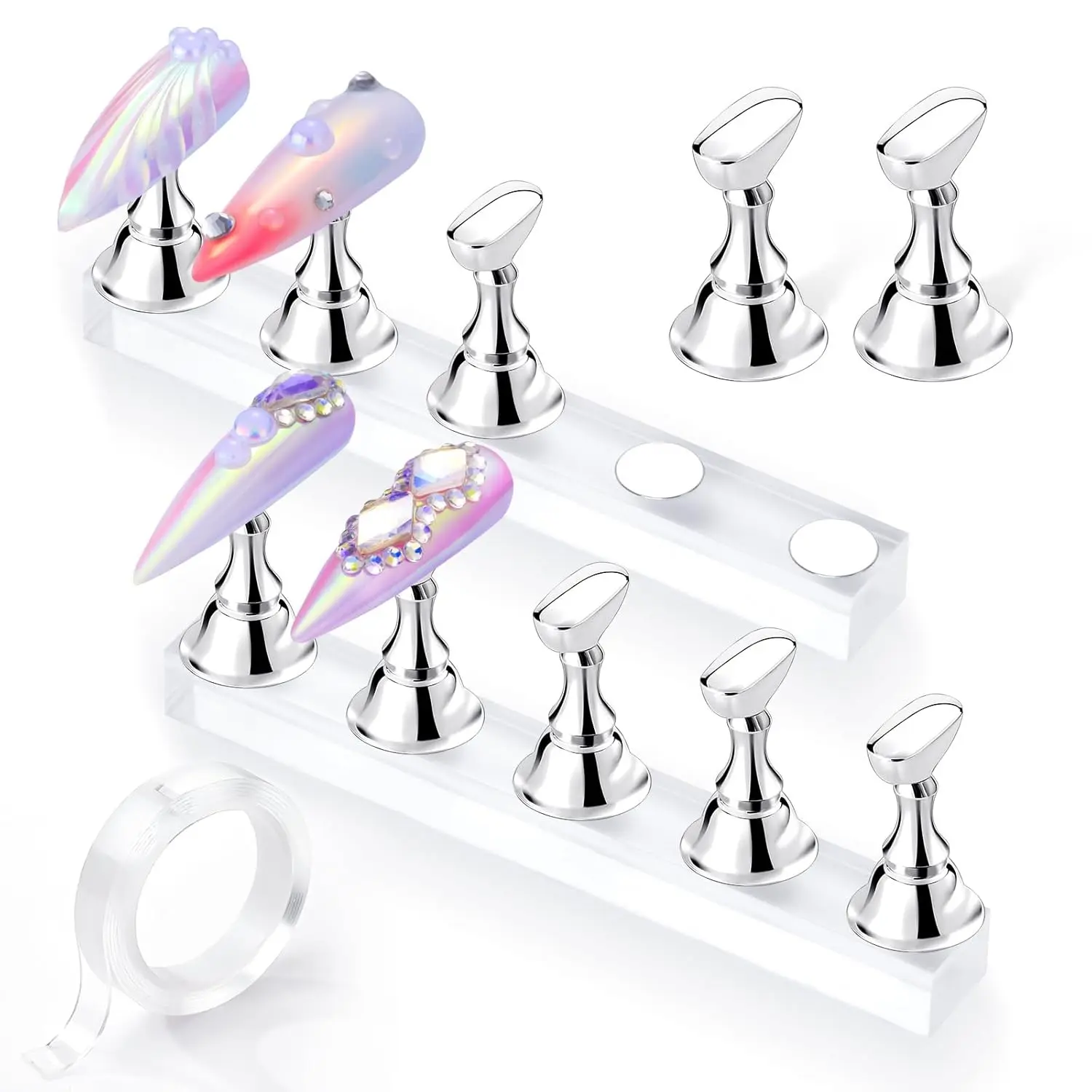 4-Piece Magnetic Nail Manicure Practice Stand Kit UV/LED Curable Acrylic Practice Stand + Acrylic Base + Dual-Sided Adhesive Tape for Nail Tips, Essential Tool for Nail Technicians, Students & DIY Beginners, Nail Art Tools, Nail Supplies