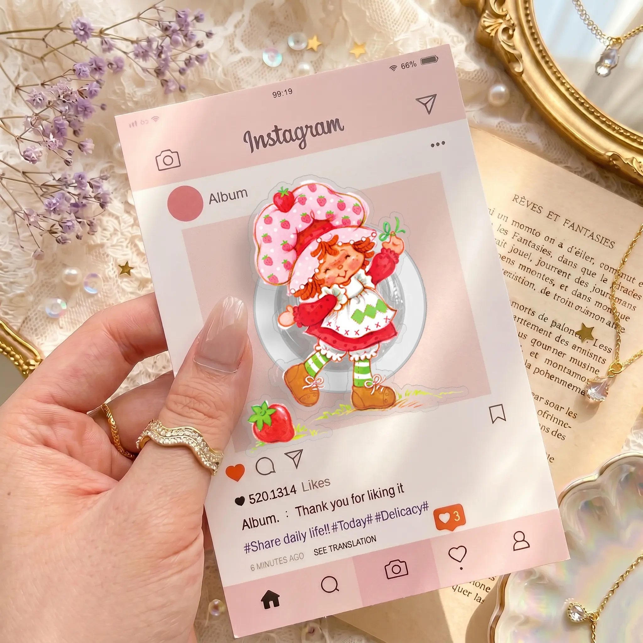 Strawberry Girl Phone Grip, Cute Round Phone Holder, Cottagecore Berry Phone Stand, Kawaii Phone Accessory Gift