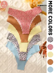 5-pack seamless women's panties - everyday wear underwear suitable for Halloween, Valentine's Day, and Christmas, featuring leopard print and solid color briefs, Seamless Knicker