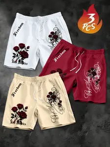Men's American Vintage Rose Casual Workout Gym Shorts Set, Loose Straight Five-Quarter Pants, Elastic Waistband, Adjustable Drawstring