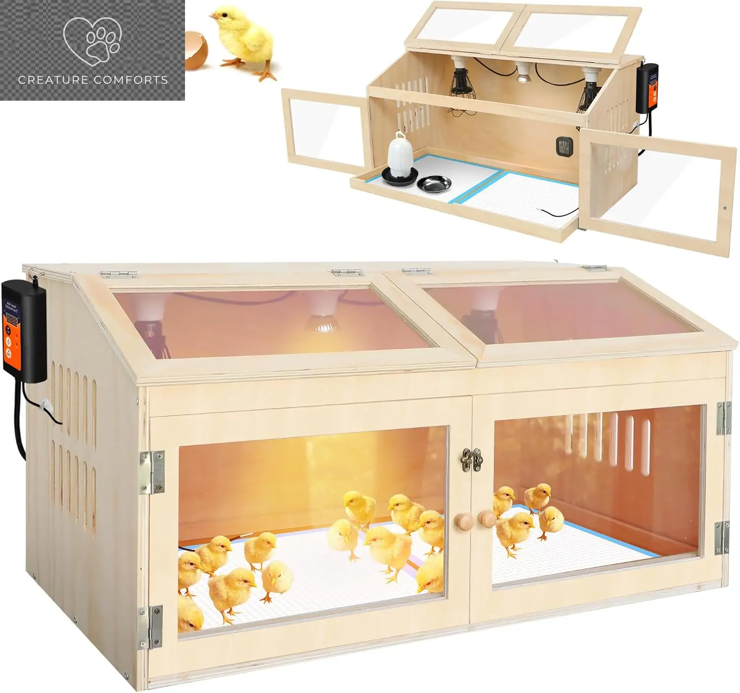 Wood Frame Smart Thermostat Chicken Brooder Box - 32" Spacious, Secure Space for Chicken Chicks with Heat Regulation & Thermostatic Control