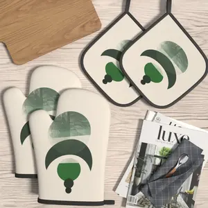 4pcs Heat Resistant Oven Mitts And Potholders Minimalist Green Abstract Oven Mitts And Pot Holders Sets Suitable For Kitchen Decoration, Cooking, Grilling, Baking And Great Holiday Camping Picnics Gifts