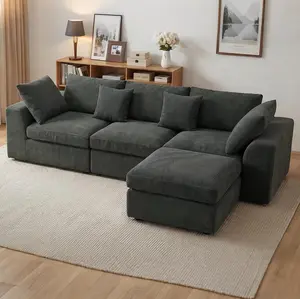 Benazcap 110" Cloud Sectional Couches for Living Room L-Shaped Convertible Sofa 3-Seat Modular Boneless with Movable Ottoman Darkgrey/Beige Corduroy Comfort