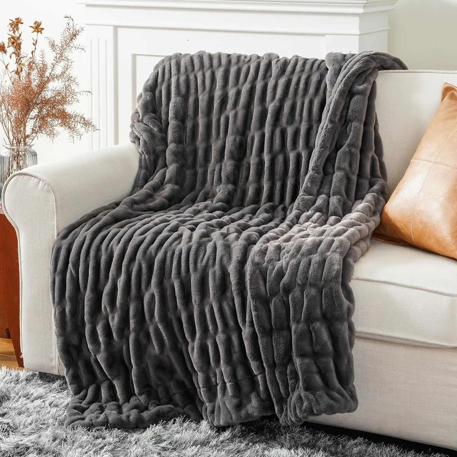 Battilo I Luxury Grey Faux Fur Throw Blanket, Double Side Ruched Blanket for Couch, Bed, Cozy Soft Warm Blanket, 50"x60"
