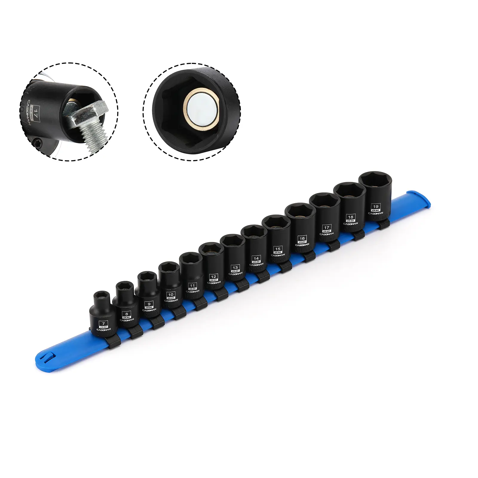 CASOMAN 13PCS 3/8"-Drive Magnetic Shallow Drive Sockets, 6-Point Flank Drive Wrenches, Cr-Mo Steel Metric (7mm-19mm) Impact Tools with Laser Markings, Flat Fasteners Fit, Magnetic Ratchet & Socket Sets, Fast Size ID Millimeters