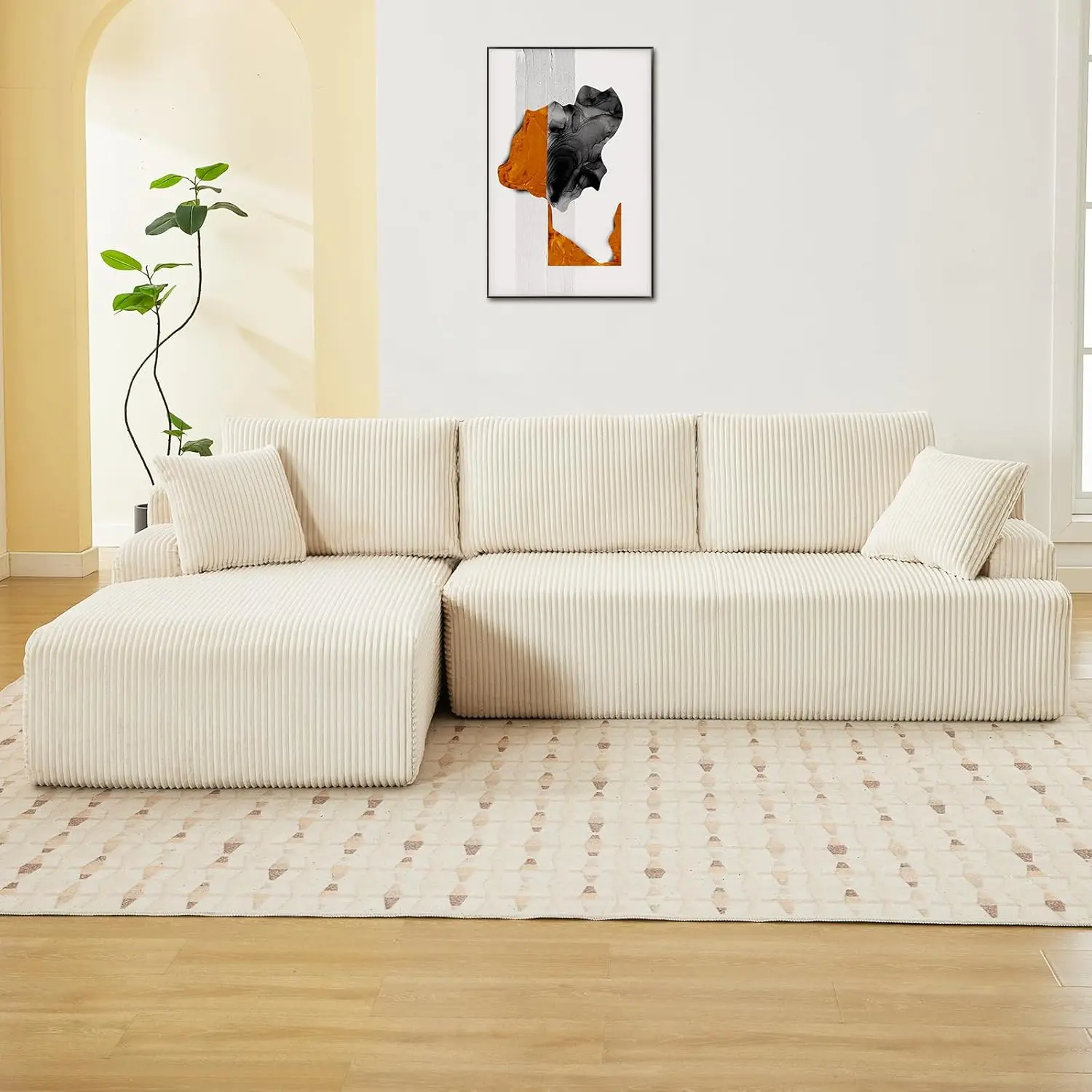106" Modern Modular Sectional Sofa with L-Shaped Chaise - No Assembly Required, Plush Corduroy Fabric, Deep Seat & Plush Cloud Design, Upholstered Contemporary Sofa for Living Room & Bedroom, 【2 Packages Shipping】