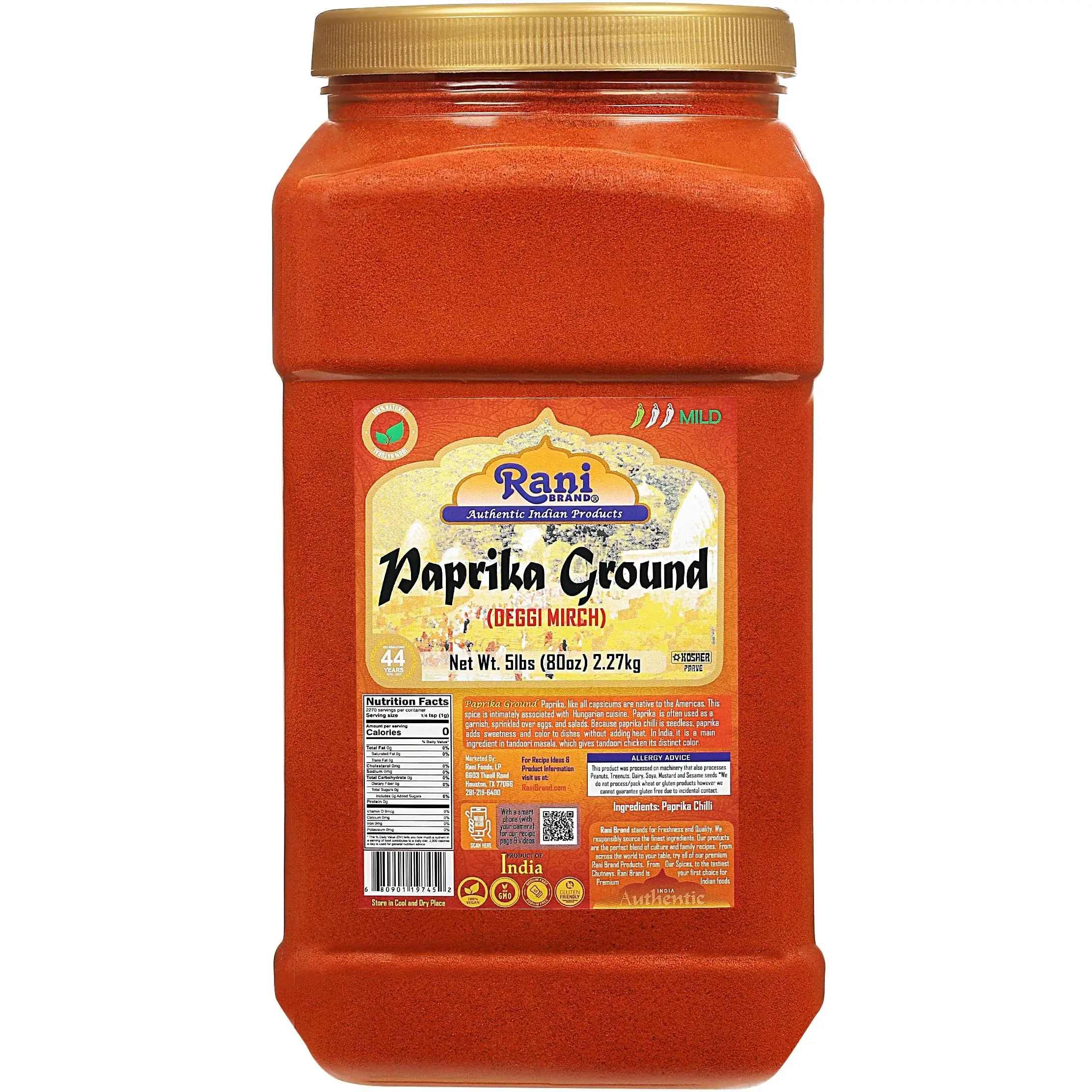 Rani Paprika (Deggi Mirch) Spice Powder, Ground 80oz (5lbs) 2.27kg Bulk PET Jar ~ All Natural, Salt-Free | Vegan | No Colors | Gluten Friendly | NON-GMO | Kosher | Indian Origin