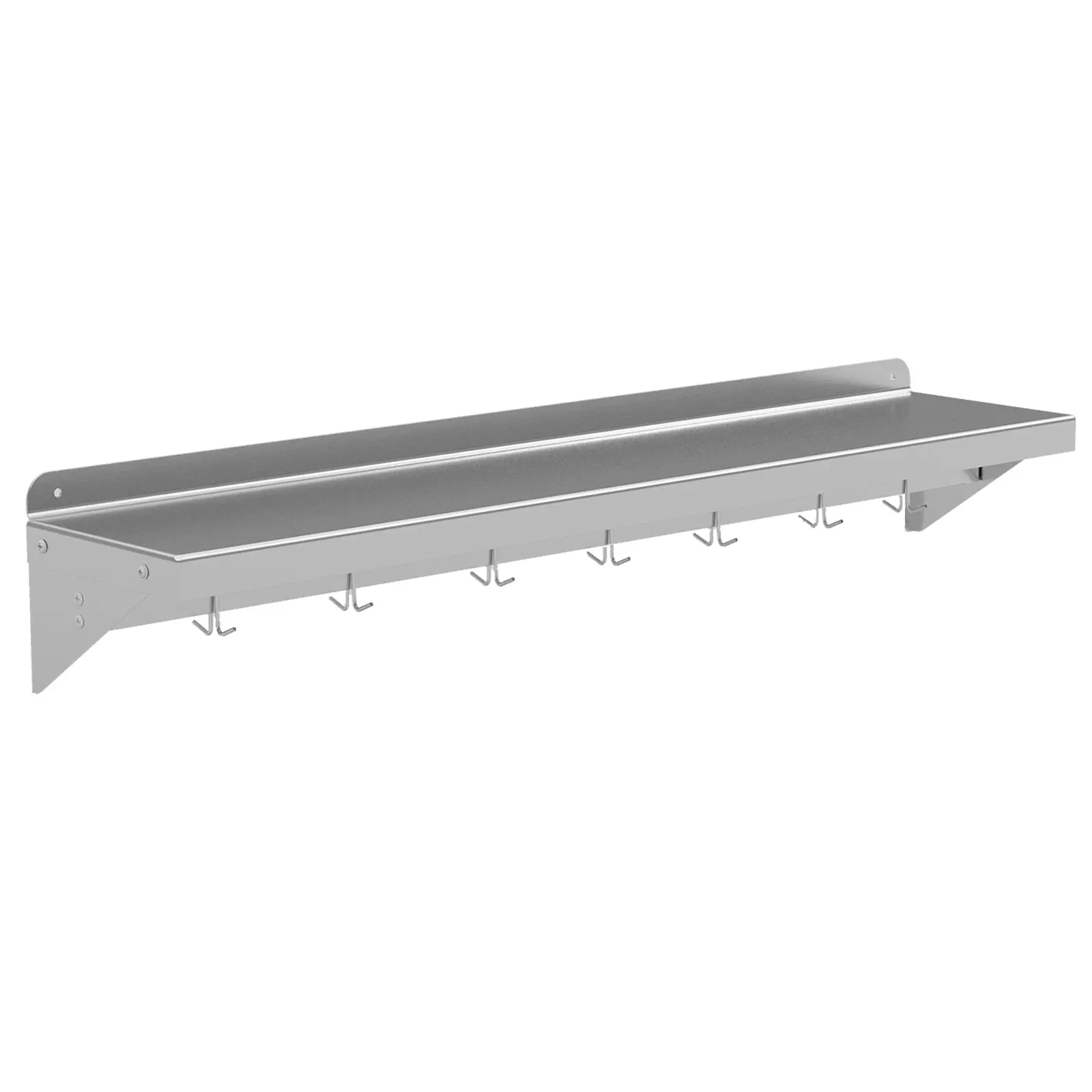 Heavy Duty Stainless Steel Wall Mounted Shelf with 7 Hooks and Backsplash – Space-Saving Floating Storage Rack for Pots, Pans, and Utensils – Ideal for Kitchen, Restaurant, or Home