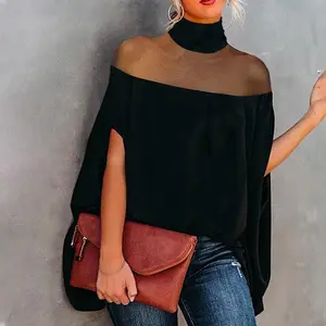 Women's Batwing Sleeves See-Through High-Neck Blouse – Minimalist, Casual Comfort for Everyday Wear