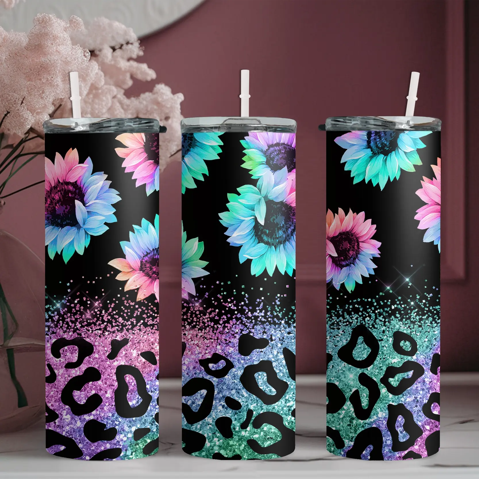 20oz Portable Reusable Airtight Stainless Steel Water Bottle with Straw - Skinny Tumbler, Rainbow Sunflower & Shiny Digital Pattern Style, Ideal for Fitness, Travel, Great Gift for Family | 1pc