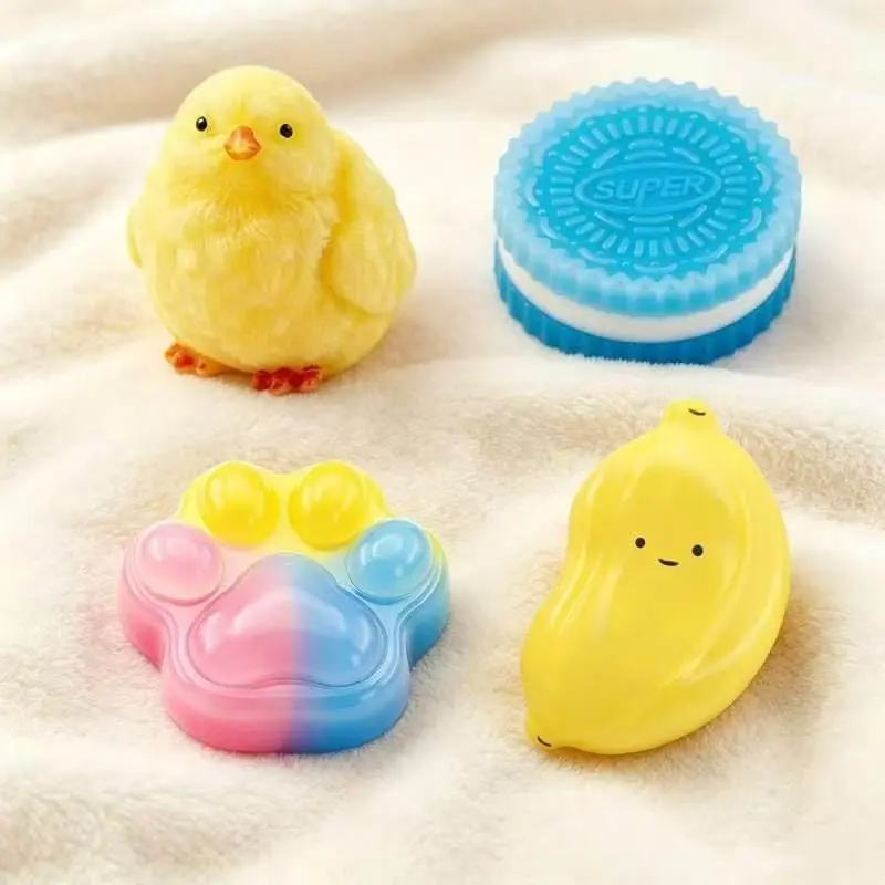 Summer Spring Gift Gift Packing Taba Squishy Paw,Sticky Chicken Taba Squishies Pack,Big Squishy Toys No Fuzz Chick Mochi Squeeze Toys Stress Relief Gift 4pcs (1 Chicken+1 Cookie+1 Cat Paw+1 Banana)