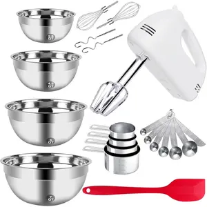 5-Speed Electric Hand Mixer, 4 Large Mixing Bowls Set, Handheld Mixers with Whisks Beater, Stainless Steel Metal Nesting Bowl Measuring Cups Spoons Kitchen Cake Blender for Baking Supplies