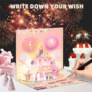 【Bestselling】Pink 3D Pop-Up Birthday Card with Lights & Music – Cake & Candle Surprise, Magical Gift for Her