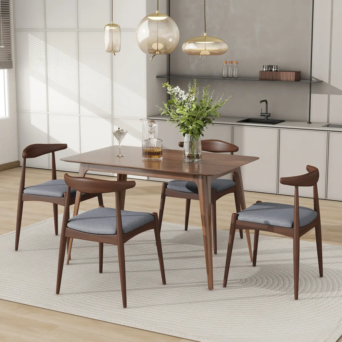 [Bellemave]  5-Piece Dining Set 1 Table 4 Chairs, Rubberwood Frame, Faux Wood Tabletop, Retro - Elegant for Kitchen & Family Dining