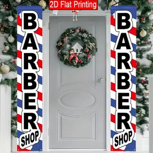 2D Flat - 2pcs Barber Theme Porch Outdoor Banners | 2D Flat Polyester Flag with Barber Shop Text Design for Restaurant and Event Outdoor Courtyard Lawn Decoration, 12x70.8 inches, No Electricity Required
