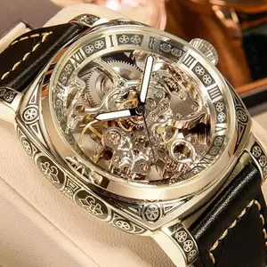 New carved men's watches automatic men's watches hollow fashion mechanical watches luxury leather strap men's watches.