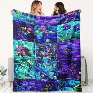 Vintage Floral Embroidered Flannel Blanket, Soft Warm Multi-Use Cover for Sofa Bed Office, Retro Luxury Gift for Handicraft Lovers