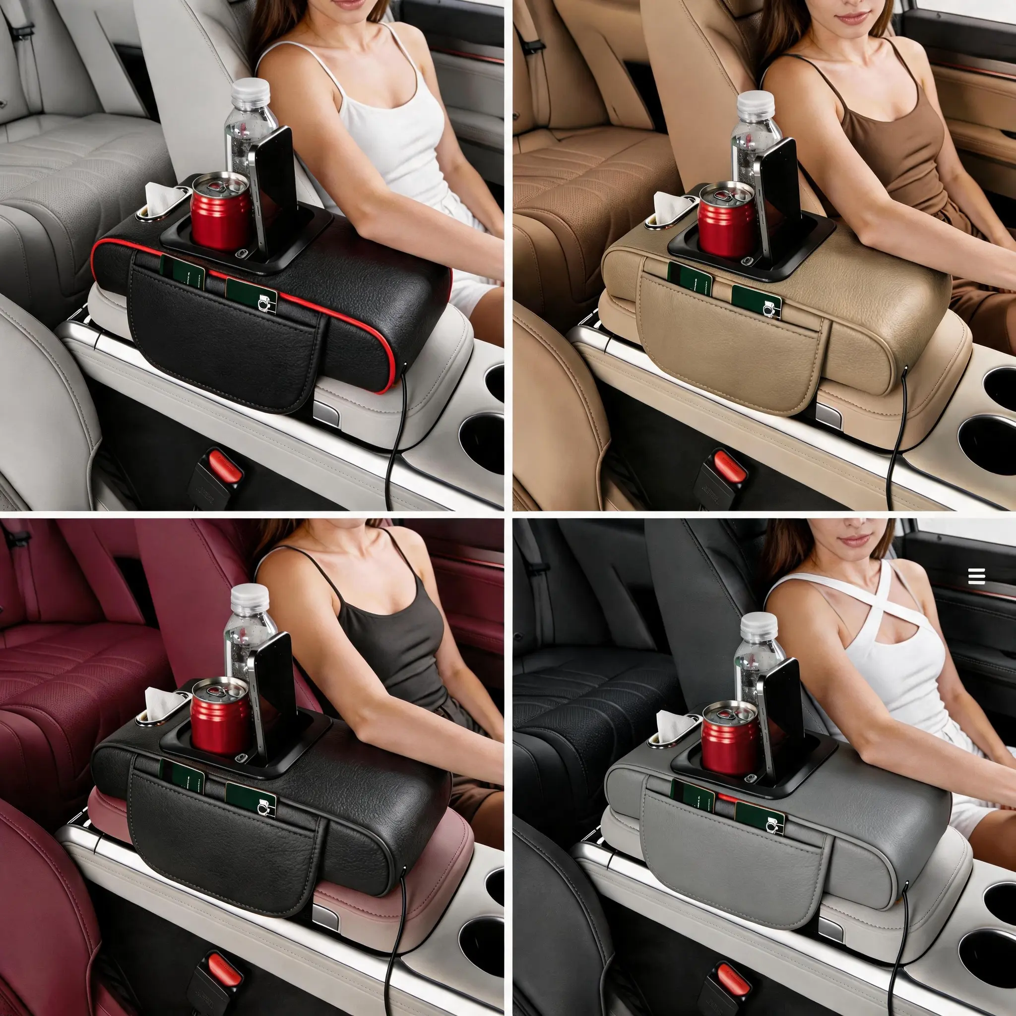 [Summer Sale Deals] 7-in-1 Car Center Console Organizer Armrest Pad with Dual Type-C Fast Charging Ports, 2 Cup Holders, Phone Slot, Tissue Box, 2 Side Storage Pockets & Starlight Ambient Light, Car Interior Accessories for Sedan SUV Truck, Car Organizers