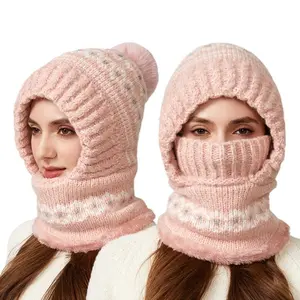 Winter Knit Hood Scarf Hat for Women 2-in-1 Beanie with Neck Cover Fleece Lined Ski Balaclava Cozy Fluffy Pink Cap for Cold Weather & Daily Wear