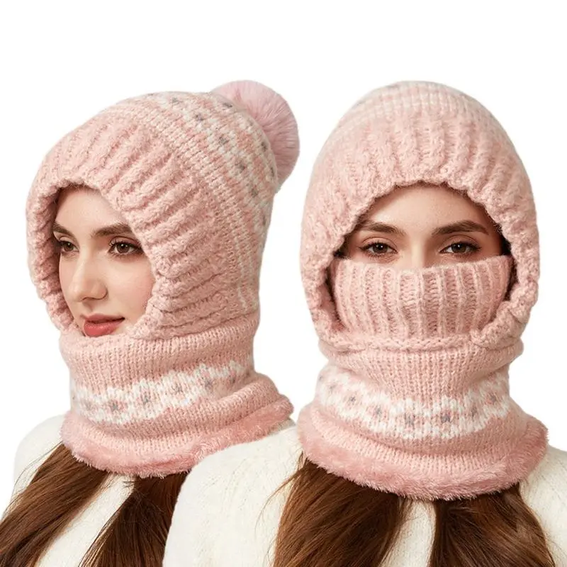 Women's 2-in-1 Fleece-Lined Hooded Scarf Hat - Keep Warm Thermal Insulating Winter Knit Beanie with Neck Cover, Soft Fluffy Pink Ski Balaclava for Cold Weather Daily Wear, Fleece-Lined Hats for Cold Climates, Hooded Scarf Hats