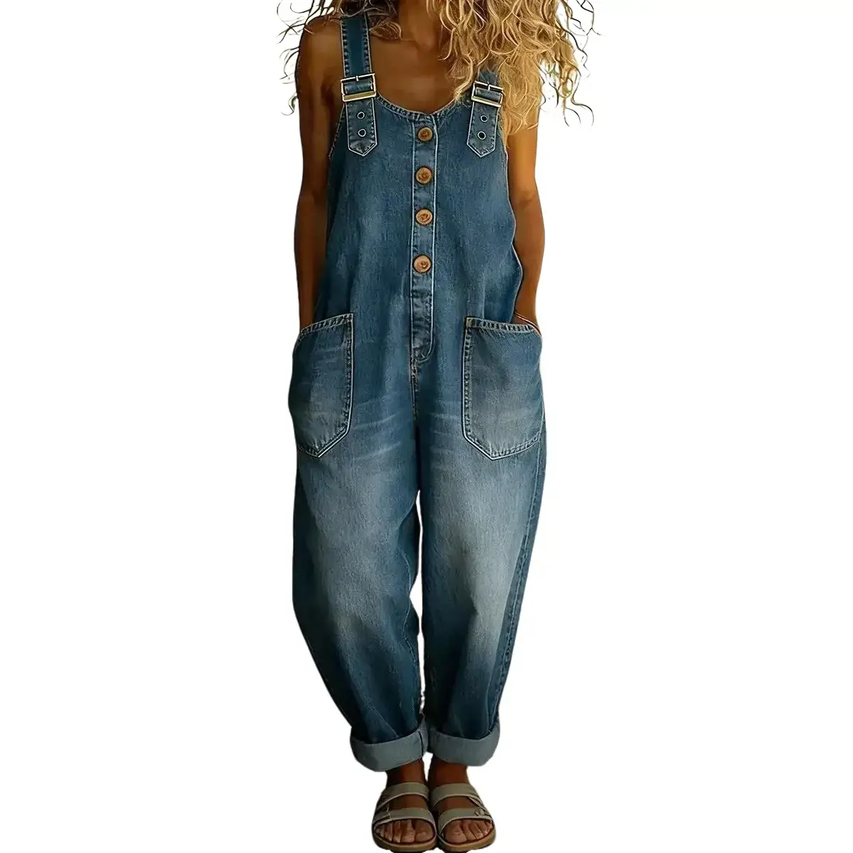 Women's Elegant Retro Denim Overalls, Casual Loose-Fit with Distressed Details and Adjustable Straps, Strappy, Women's Clothes, Plain, Above The Ankle, Loose-Fitting, 3Xl