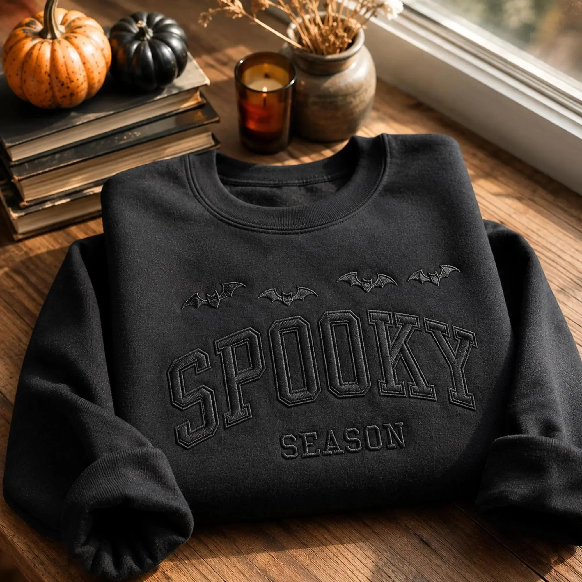 [MADE IN US] Embroidered Spooky Season Sweatshirt, Halloween Bat Crewneck