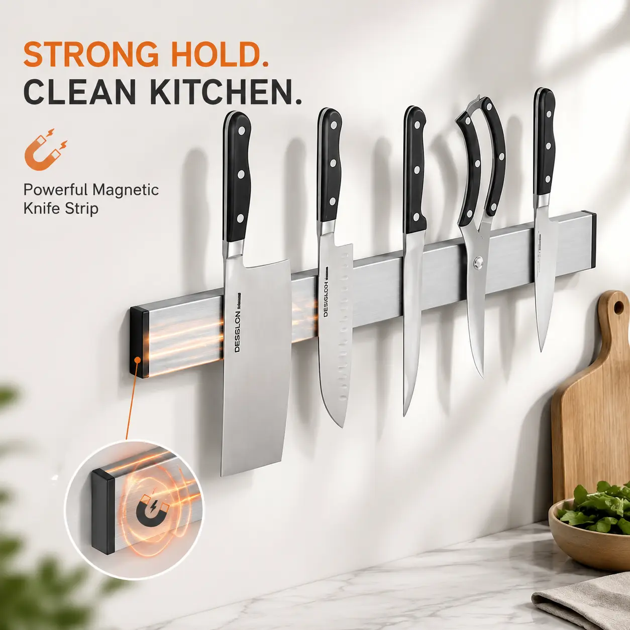 Multi functional strip magnetic knife holder, modern kitchen magnetic knife holder, anti cutting magnetic storage rack, used for storing and organizing household kitchen tool storage, family harmony gifts