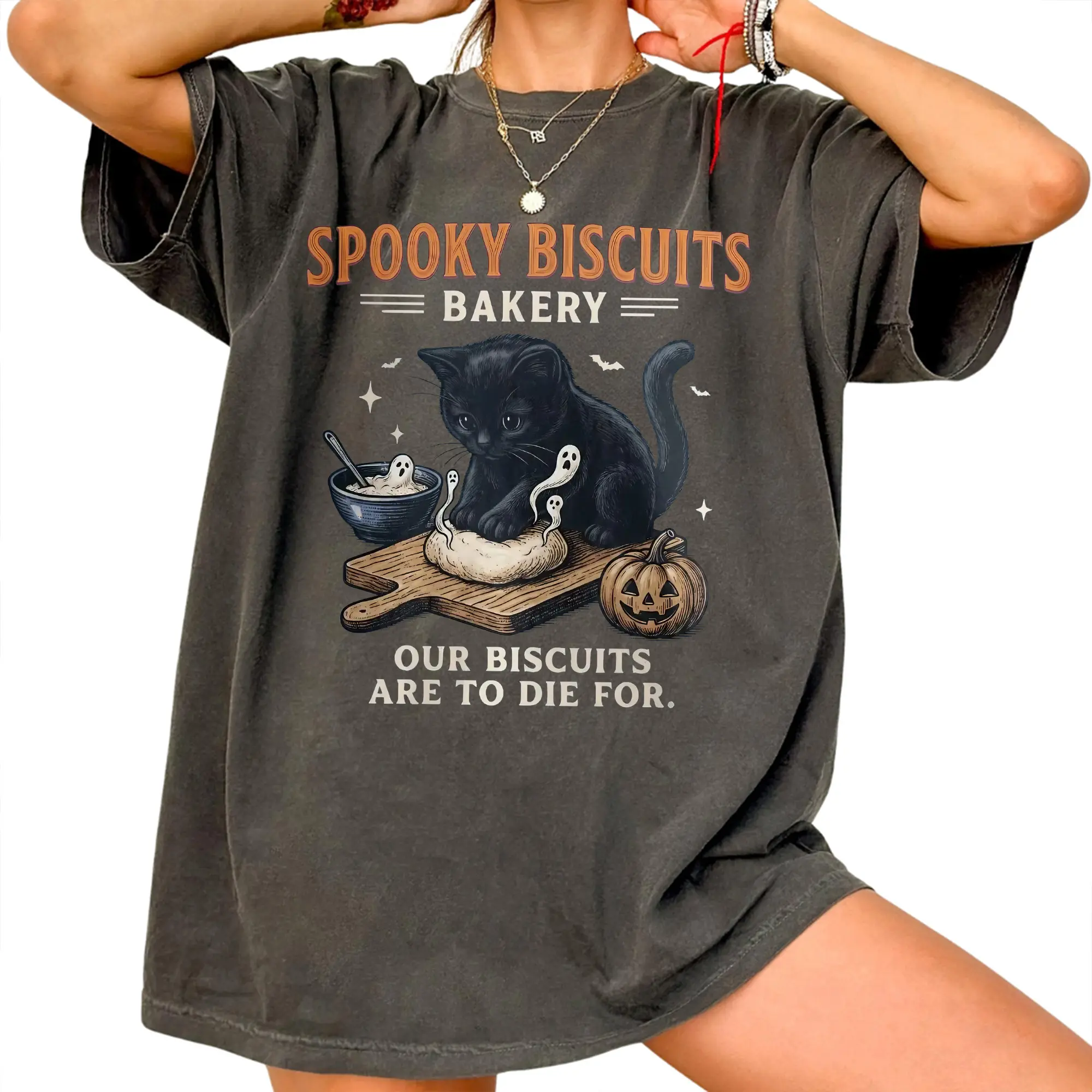 Spooky Biscuits Bakery Black Cat Shirt, Funny Halloween Graphic Tee, Ghost Biscuit T-Shirt, Pumpkin Cat Lover Gift