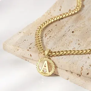 14K Gold Plated Round Letter Pendant Necklace Hollow Capital Monogram 5mm Cuban Chain for Women Men Mother's Day Gift Simple Elegant Clavicle Chain Holiday Initial Jewelry