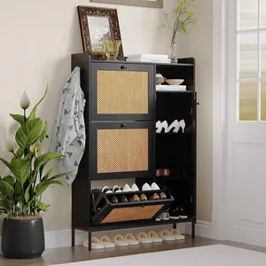 Black Freestanding Natural Rattan Shoe Cabinet with 4 Open Storage Side Cabinet, Hidden Wood Shoe Rack, 4 Shelves, Adjustable Drawer, Smooth Wooden Finish, Flip Doors, Multifunctional Organiser for Entryway, Living Room, Four Shelves