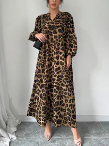 【Plus Size】 Leopard Print Notched Neck Dress, Casual Classy Elegant Long Sleeve Bishop Sleeve Dress for Spring & Fall, Womenswear for Daily Wear