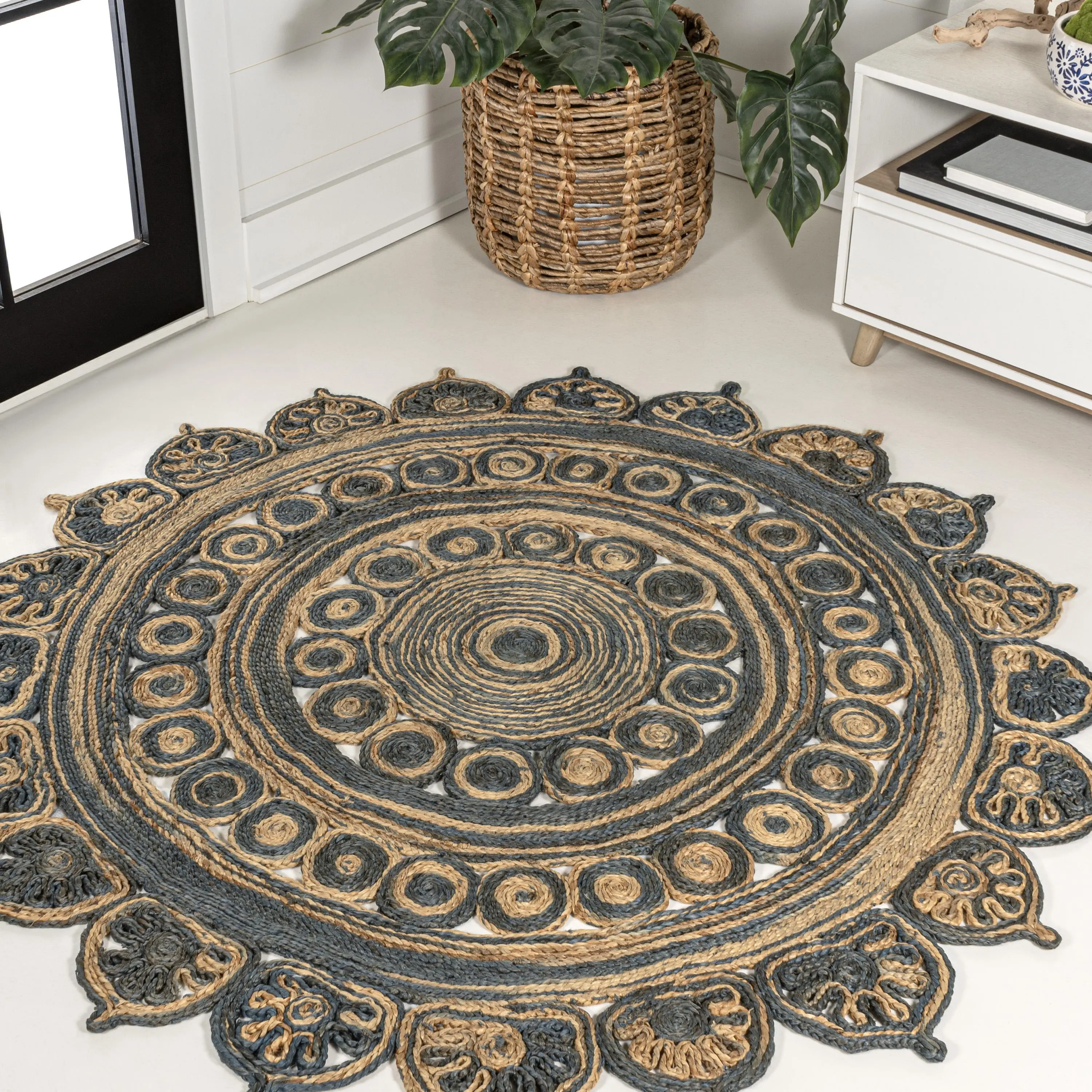 JONATHAN Y Flora Medallion Contemporary Low-Pile Round Jute Indoor Area Rug - Bohemian Style, Home Decor for Living Room, Bedroom, Bohemian Style Rugs, Low Pile Rugs