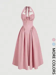 Women's Halter Neck Ruched Bow Swing Dress, Lady Light Blue Color Formal Party Women Outfits,New Years Eve Outfit,Masquerade Ball Dress,Birthday Women Outfits,Sexy Light Blue Dress,Dress With Bow Dress,Princess Women Dress For New Year,Sun Dress, Fitted