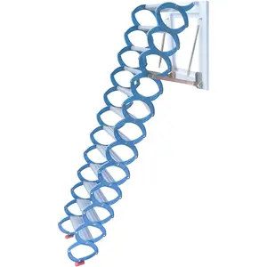Pull Down Attic Stair - 12 Steps Alloy Access Ladder, Wall-Mounted Folding Stairs for Garage Basement, Retractable With Handrails, Blue