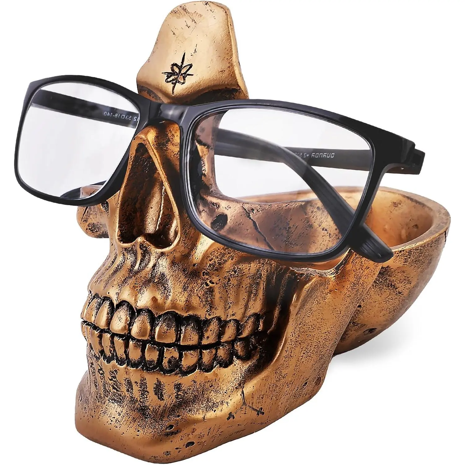 Skull Glasses Holder Stand with Storage Tray , Novelty Eyeglass Holder Rack for Nightstand,  Skull  Sculpture Statue Home Office Desk Decor  (Golden)