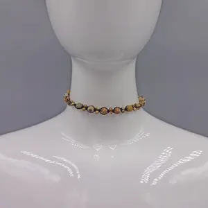 One of a Kind Semi-precious Stone Picture Jasper Hand Beaded Braided Shamballa Choker Style Fashion Necklace.